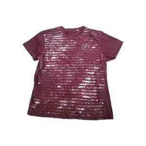 GUESS MEN'S T-Shirt L Striped  Burgundy Short Sleeve Casual‎ Logo Beach Surfer